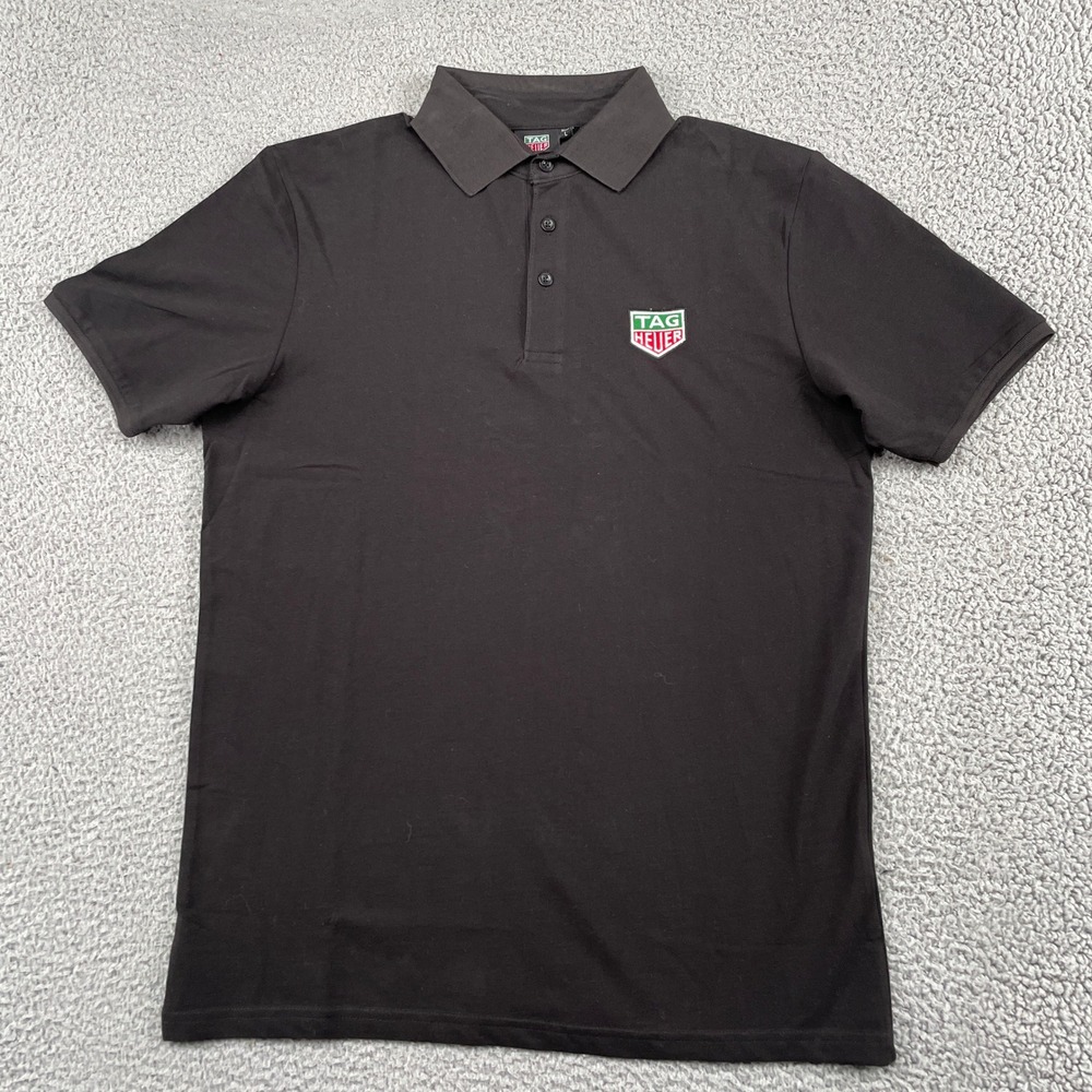 TAG Heuer Polo Shirt Mens L Black Short Sleeve Embroidered Logo Cotton Classic